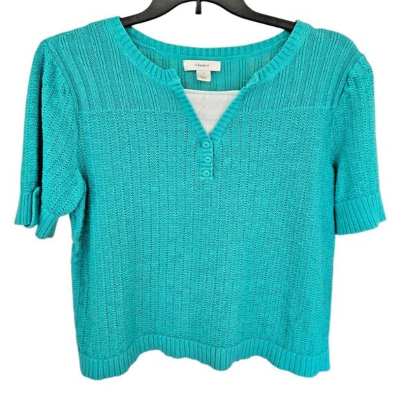 CJ Banks Short Sleeve Sweater Women's Plus Size X Cotton Blend V-Neck - Picture 1 of 9